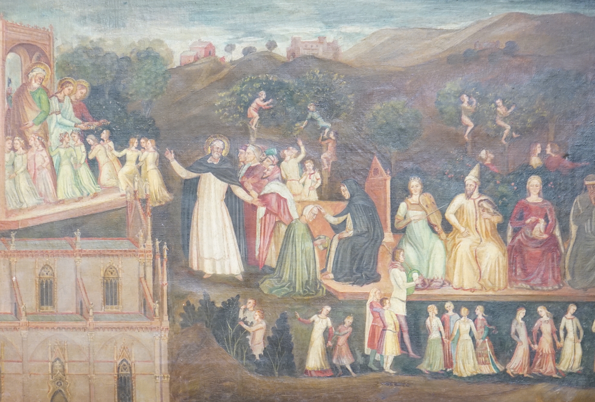 Early 19th century school, oil on canvas, Religious scene with figures worshipping, 39 x 58cm